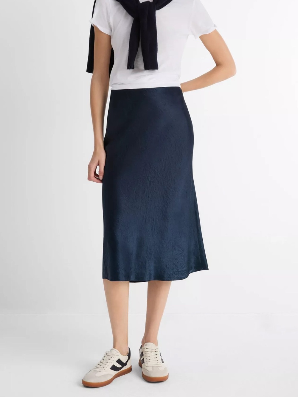 Vince Navy Satin Midi Skirt